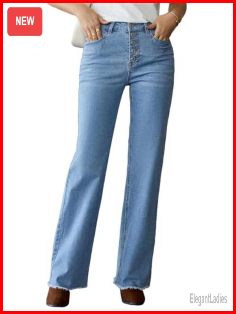 High Waisted Wide Leg Stretchy Jeans with Button Fly and Raw Hem
